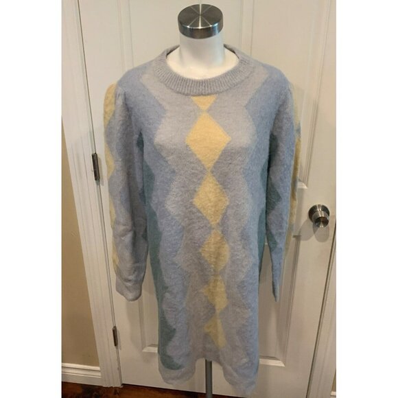 J. Crew Blue, Yellow & Green Argyle Patterned Wool Blend Sweater Dress, Size XL - Picture 1 of 7